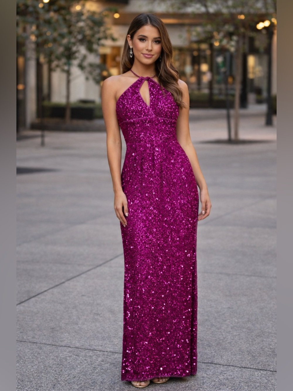 Glamorous Fuchsia Sequin Halter Prom Dress